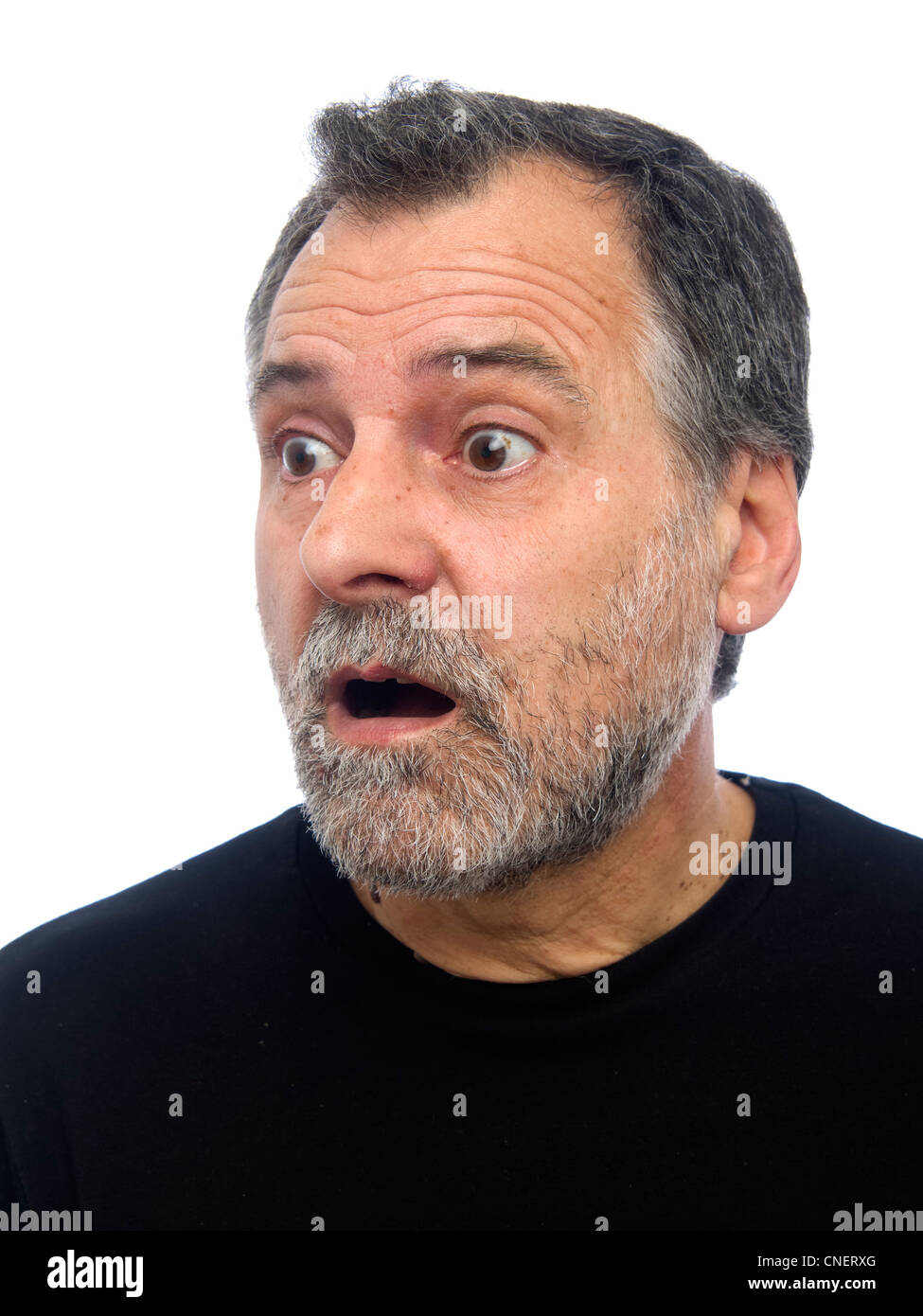 Porträt von einem überrascht im mittleren Alter Mann mit Bart Stockfoto