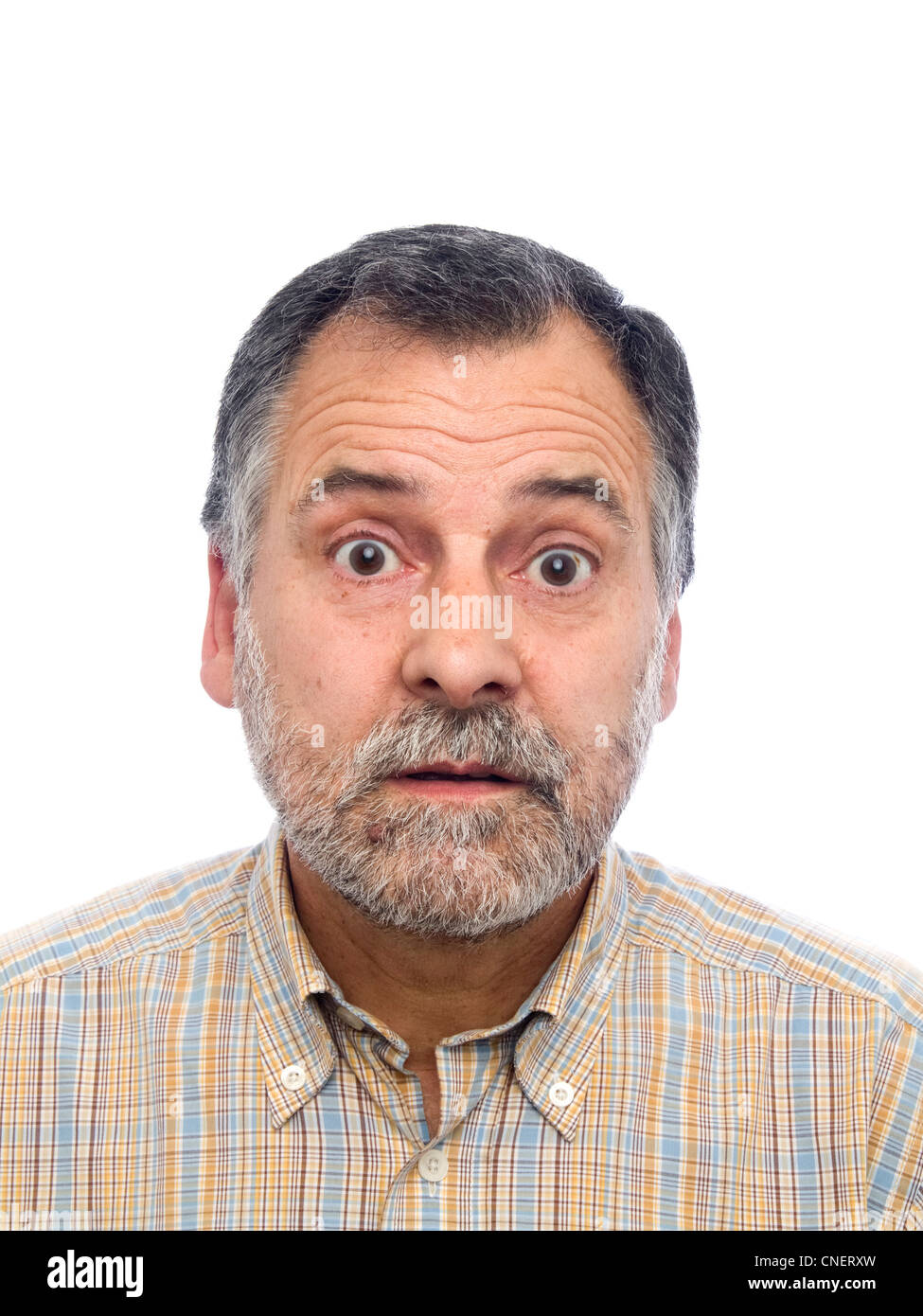 Porträt von einem überrascht im mittleren Alter Mann mit Bart Stockfoto