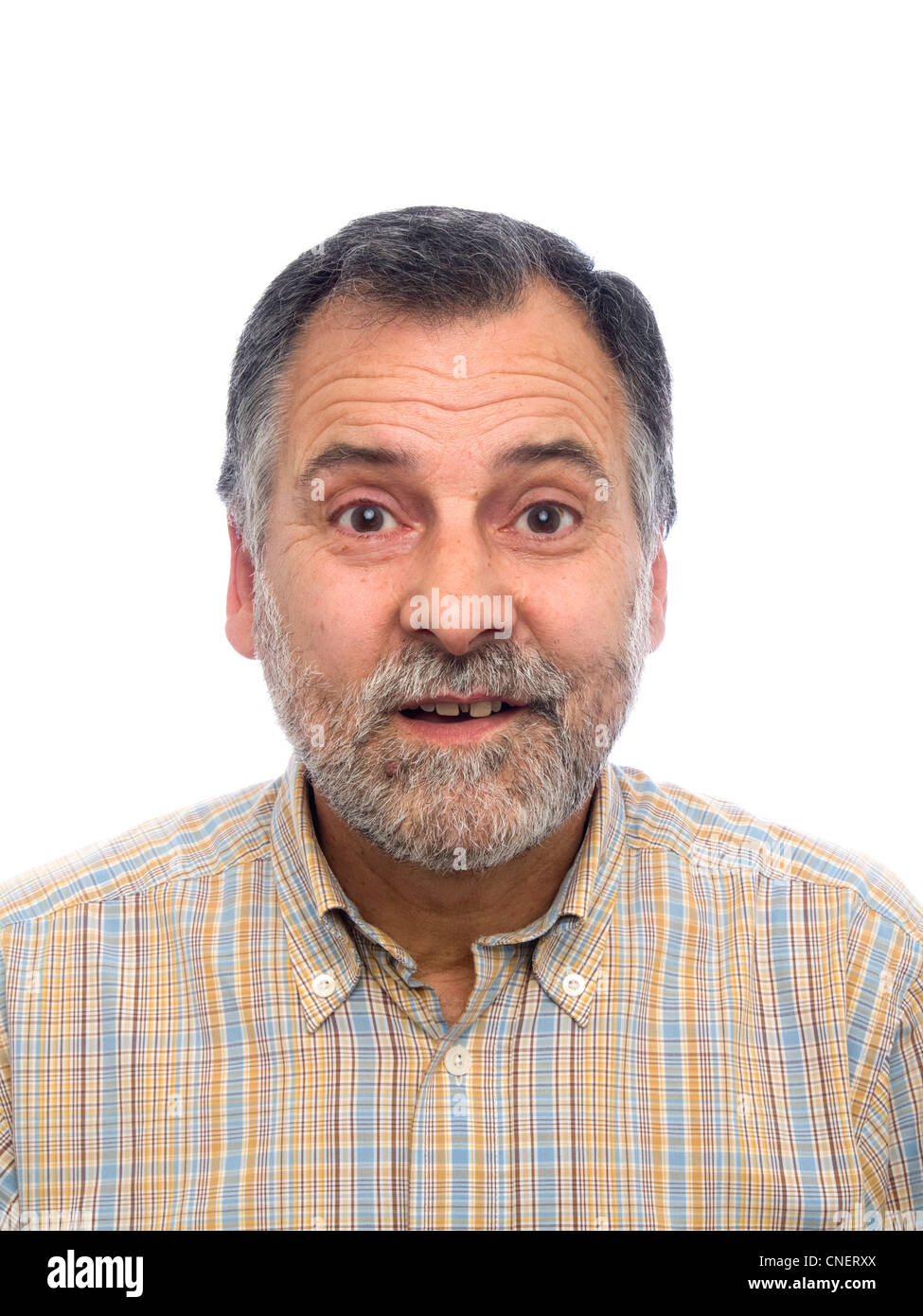 Porträt von einem überrascht im mittleren Alter Mann mit Bart Stockfoto