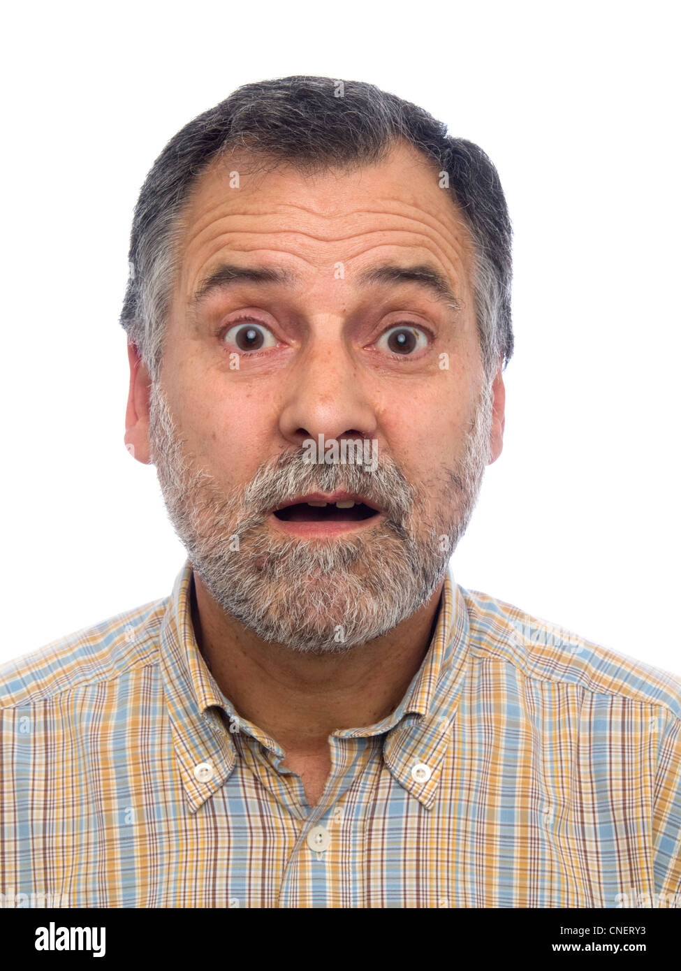 Porträt von einem überrascht im mittleren Alter Mann mit Bart Stockfoto