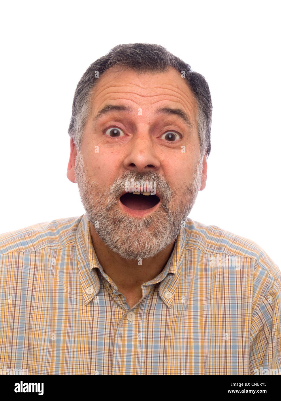 Porträt von einem überrascht im mittleren Alter Mann mit Bart Stockfoto