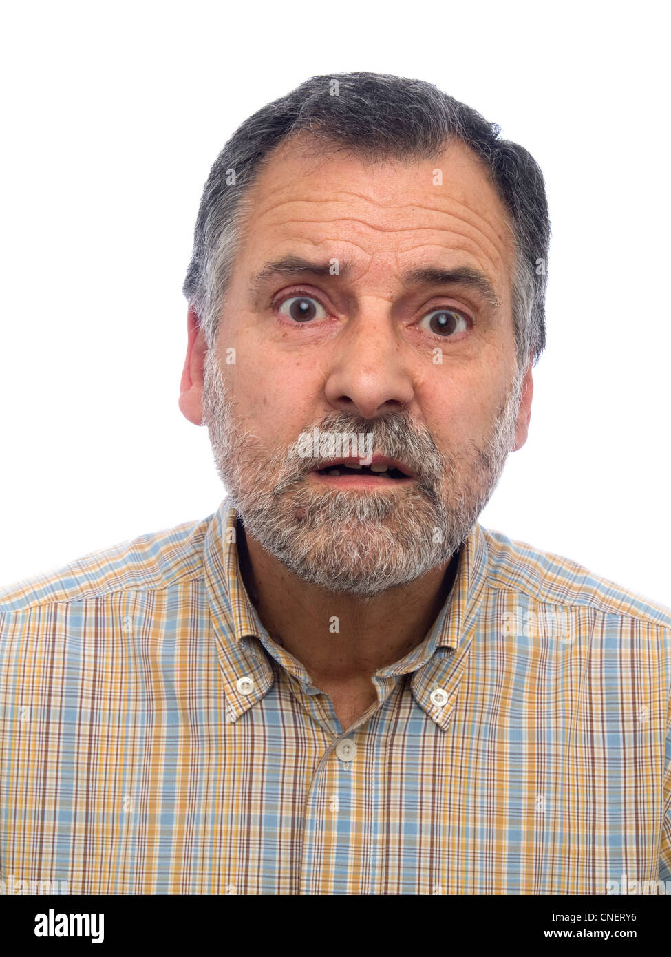 Porträt von einem überrascht im mittleren Alter Mann mit Bart Stockfoto