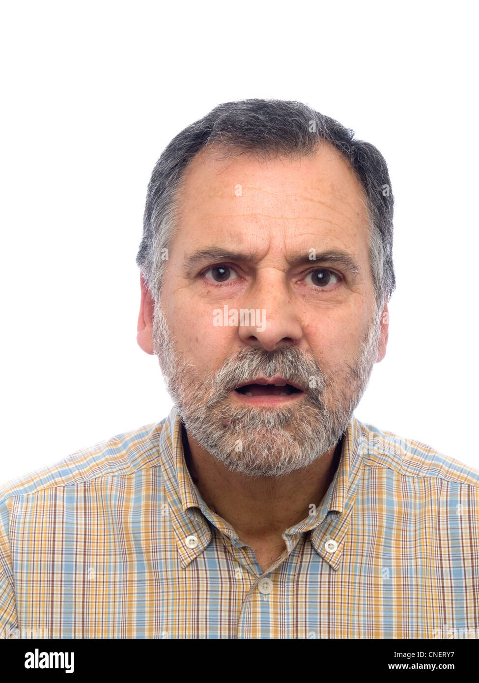 Porträt von einem überrascht im mittleren Alter Mann mit Bart Stockfoto