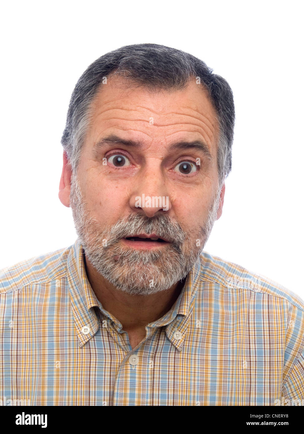 Porträt von einem überrascht im mittleren Alter Mann mit Bart Stockfoto