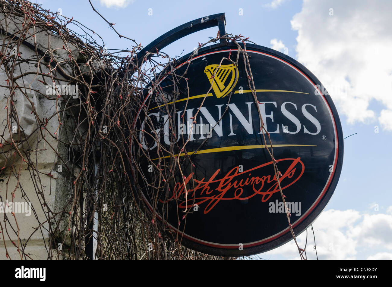 Guinness-Zeichen in einem stillgelegten ländlichen Pub und Schnaps Stockfoto