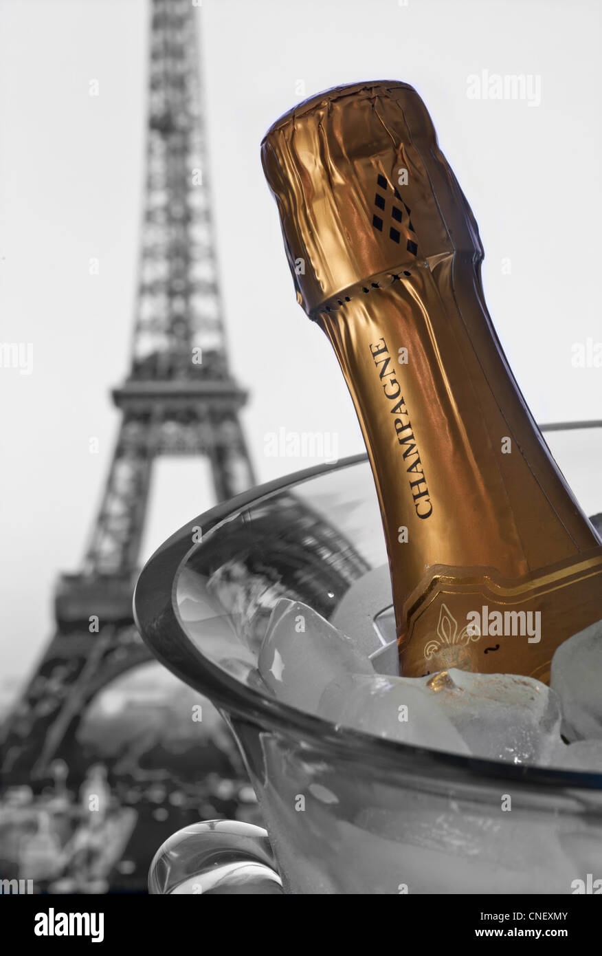Französische Flasche Champagner auf Eis im Weinkühler mit Eiffelturm im Hintergrund bei Sonnenuntergang Paris Frankreich (B&W Retro-Behandlung) Stockfoto