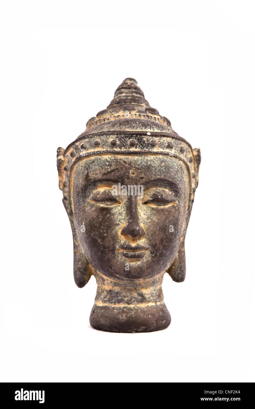 Gesicht des Buddha isoliert auf weißem Hintergrund Stockfoto