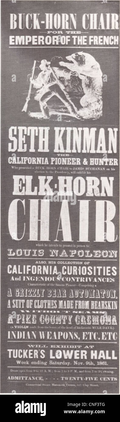 Werbung für 9. November 1861 Ausstellung, wahrscheinlich in einer Zeitung von San Francisco, von Seth Kinman (Anzeige und Ausstellung) Stockfoto