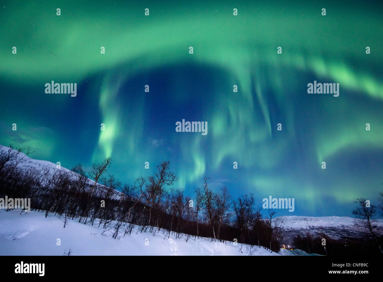 Aurora borealis oder Nordlicht, das über Nacht Himmel innerhalb des Polarkreises Tromso Troms Kvaløya Region Norwegen 2012 Beste Stockfoto