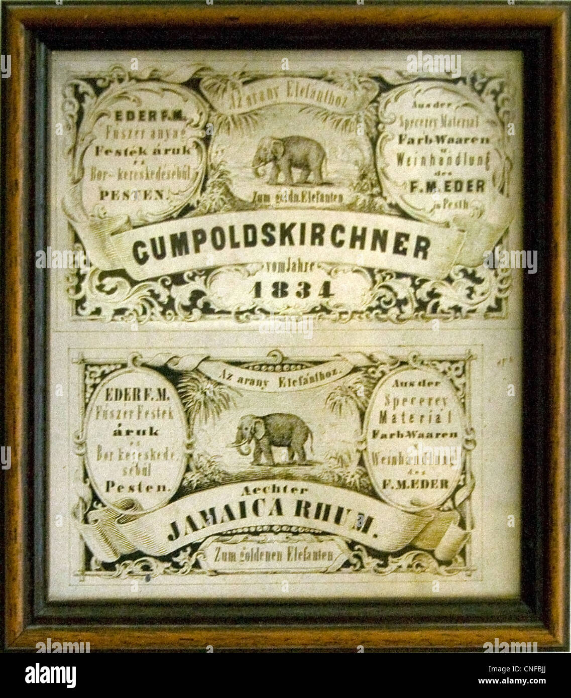 Werbung für die Golden Elephant, ein Lebensmittelgeschäft, Wein und Farben Shop, Nr. 2., Váci utca Stockfoto