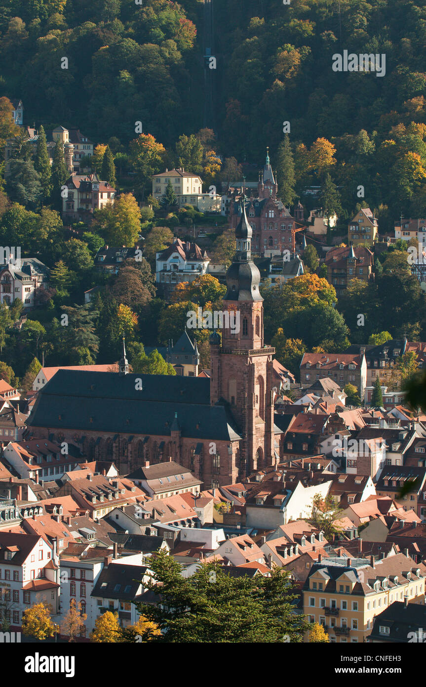 Blick auf die Heidelberger Altstadt mit Kirche des Heiligen Geistes (Spirit) von der Philosophenweg, Heidelberg, Deutschland. Stockfoto