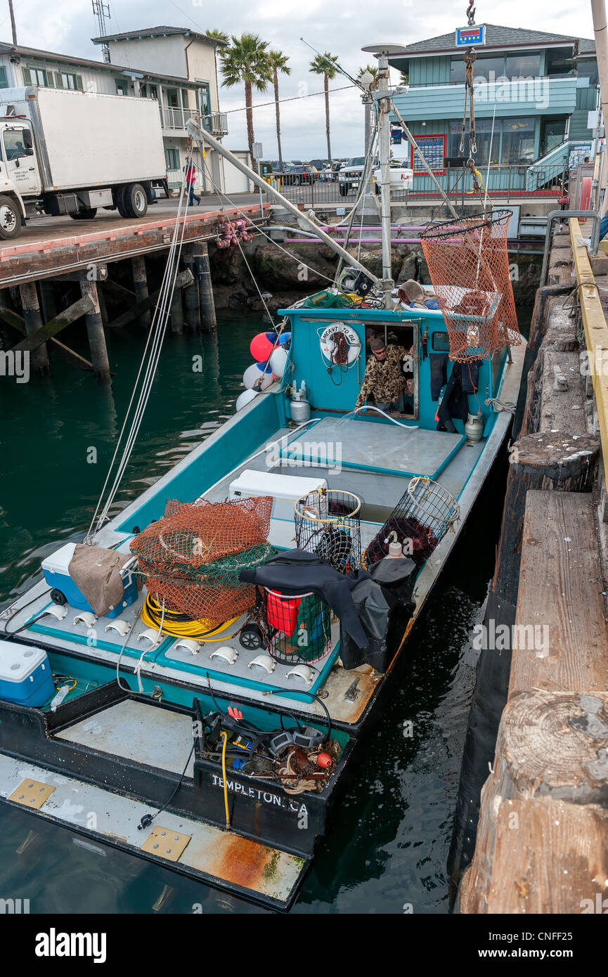 Einheimische Fischer und ihre Angelboote/Fischerboote, entladen Seeigel zum Verkauf an den Hafen Santa Barbara, Kalifornien, USA Stockfoto