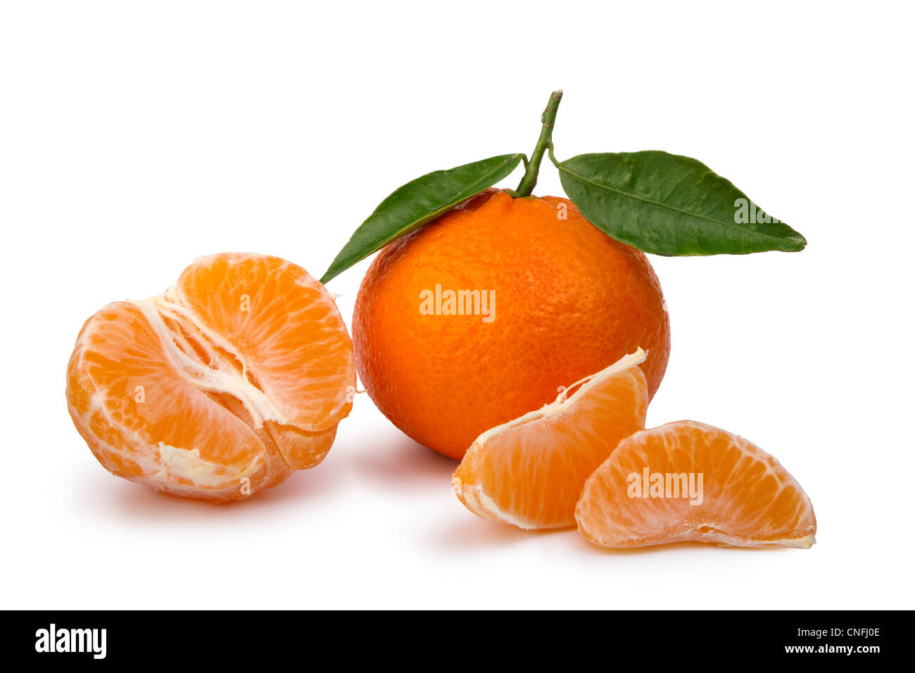 Reife Mandarinen mit Blättern und Segmente auf weißem Hintergrund Stockfoto