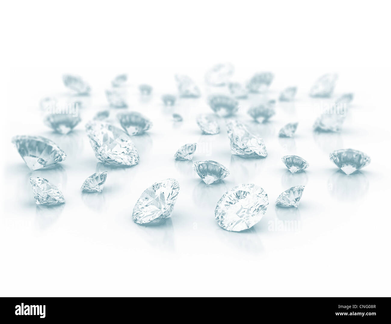 Große Gruppe von Diamanten auf weißem Hintergrund. Stockfoto