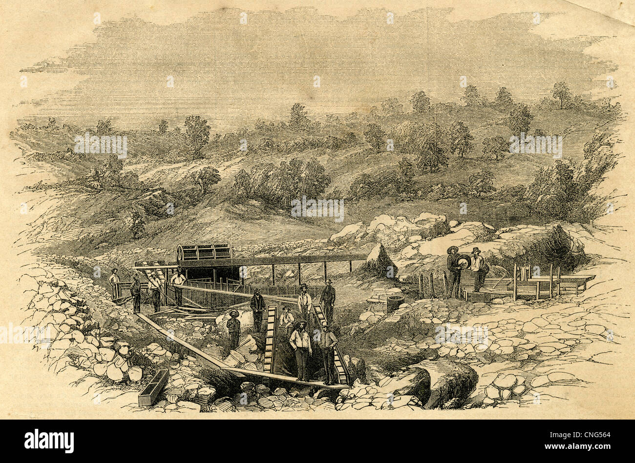 1854-Gravur, Vorstellung des Unternehmens arbeitet bei Bartons Bar, Kalifornien. Goldrausch in Kalifornien! Stockfoto