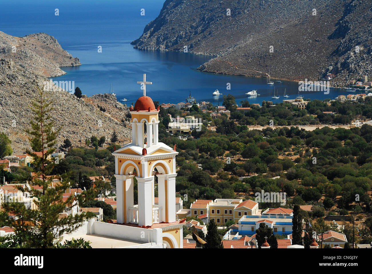 Europa Griechenland Dodekanes Symi Insel Glockenturm Stockfoto