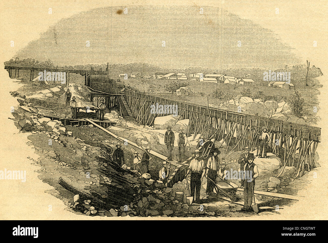 1854 Gravur, Parks' Bar arbeitet, kalifornischen Goldrausch. Stockfoto