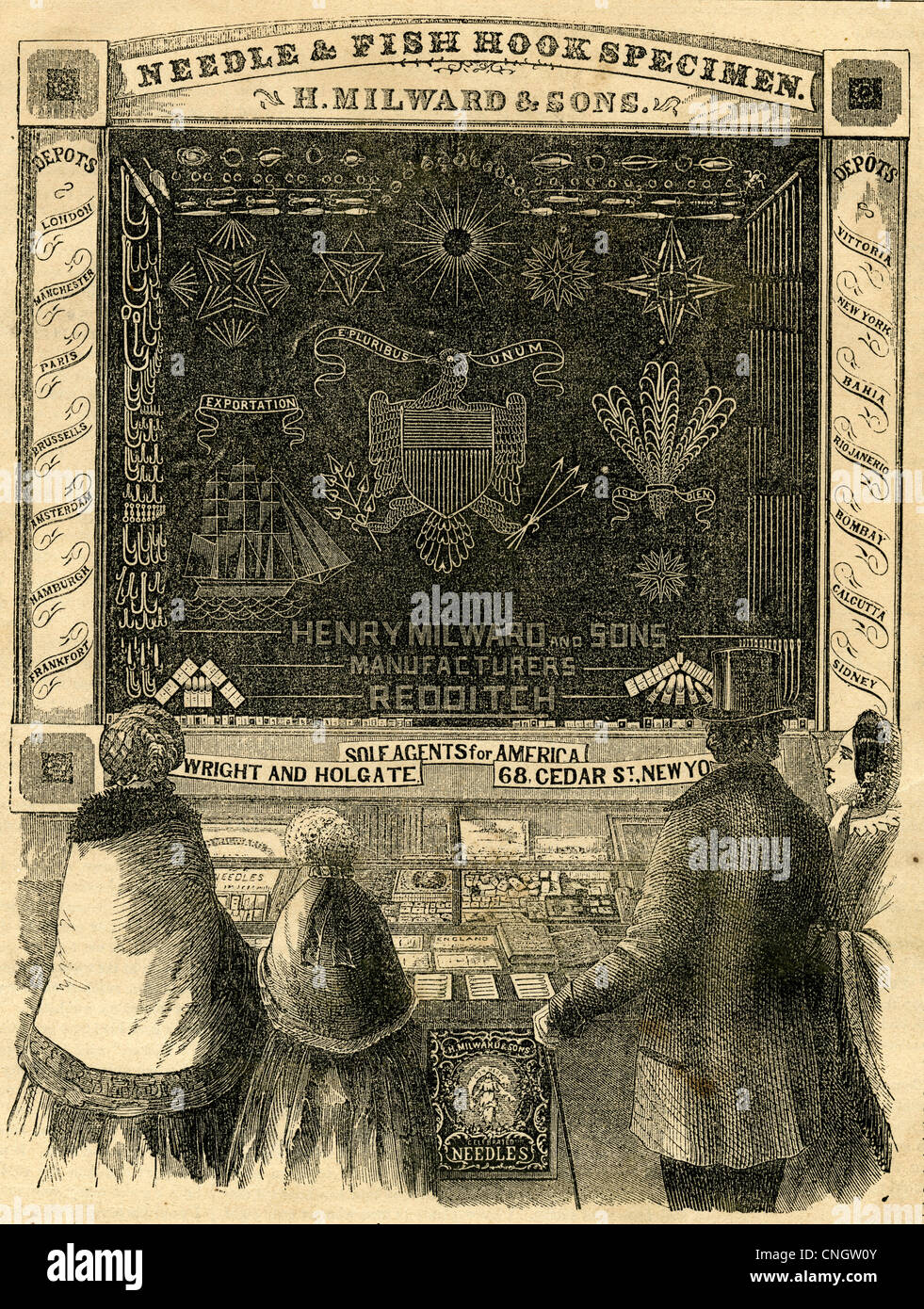 1854-Gravur, Henry Milward & Söhne Ausstellung im Crystal Palace New York. Nadel & Fisch Haken Probe. Stockfoto