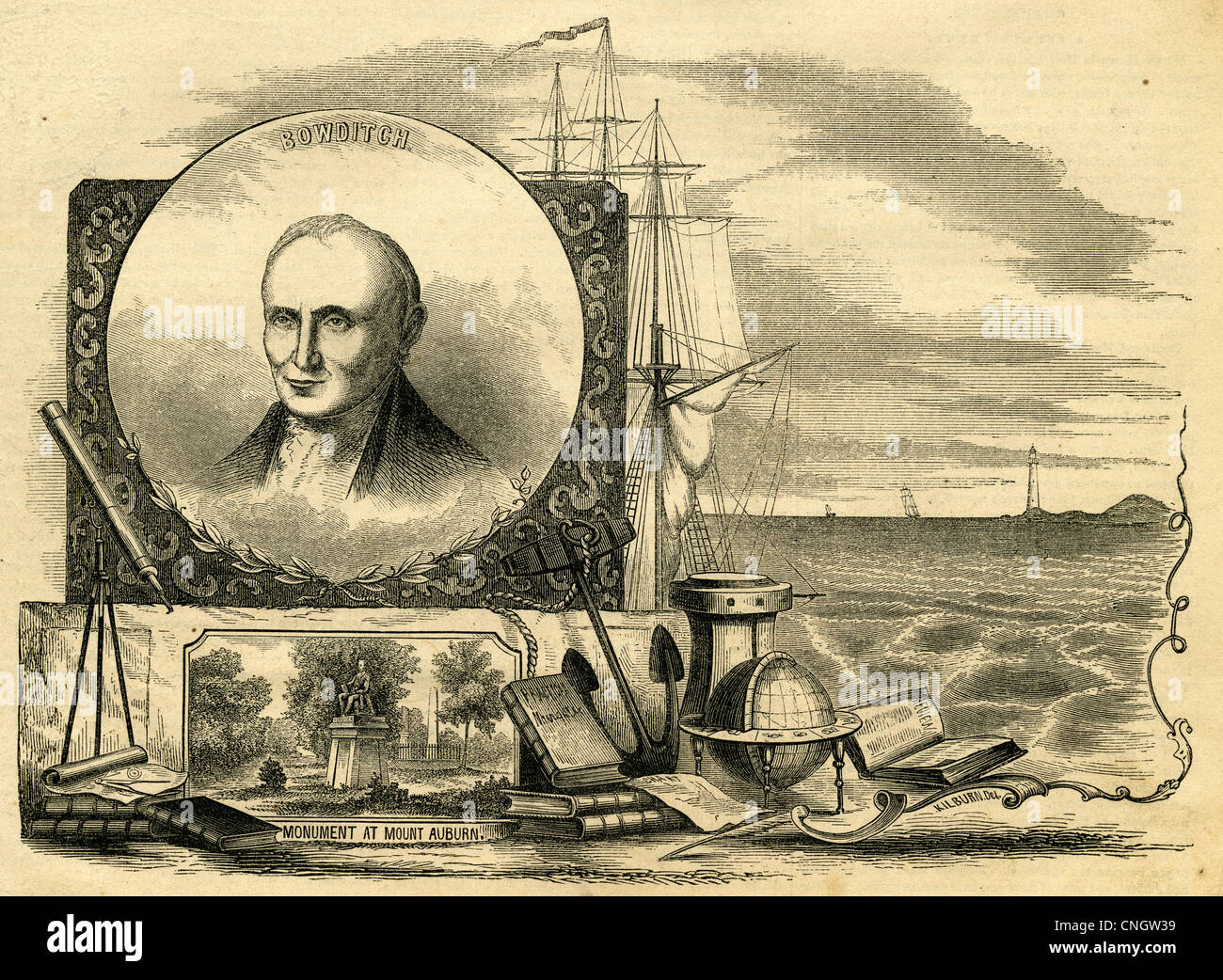 1854-Gravur, Nathaniel Bowditch (1773 – 1838). Stockfoto