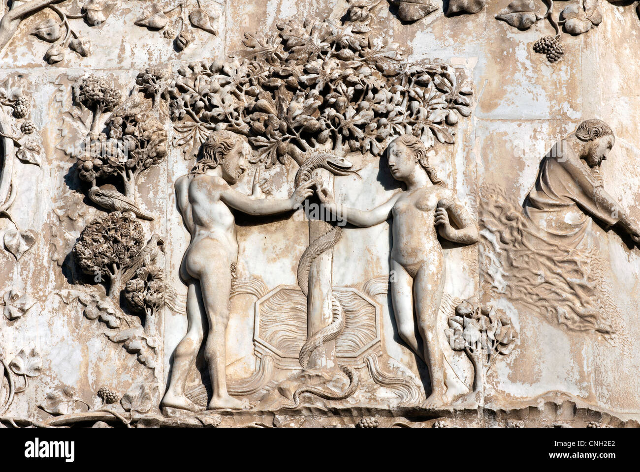 Orvieto. Adam und Eva von der Schlange versucht. Detail der Marmor Relief an der Fassade des Doms. Umbria, Italien Stockfoto