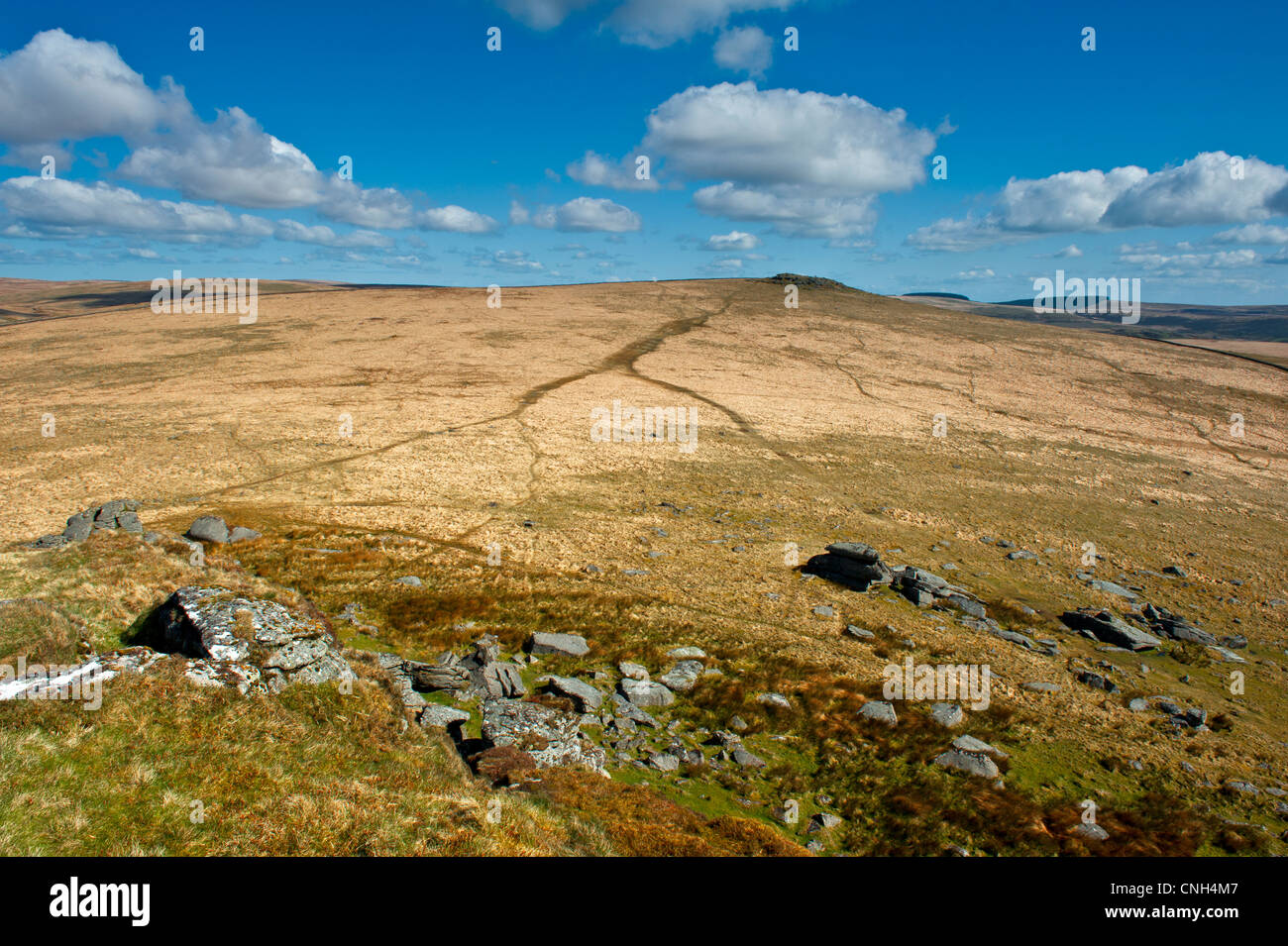 Blick über Dartmoor aus Beardown Tor in Richtung Norden Moor, Teufels Tor zeigt den Granit Felsen Stockfoto