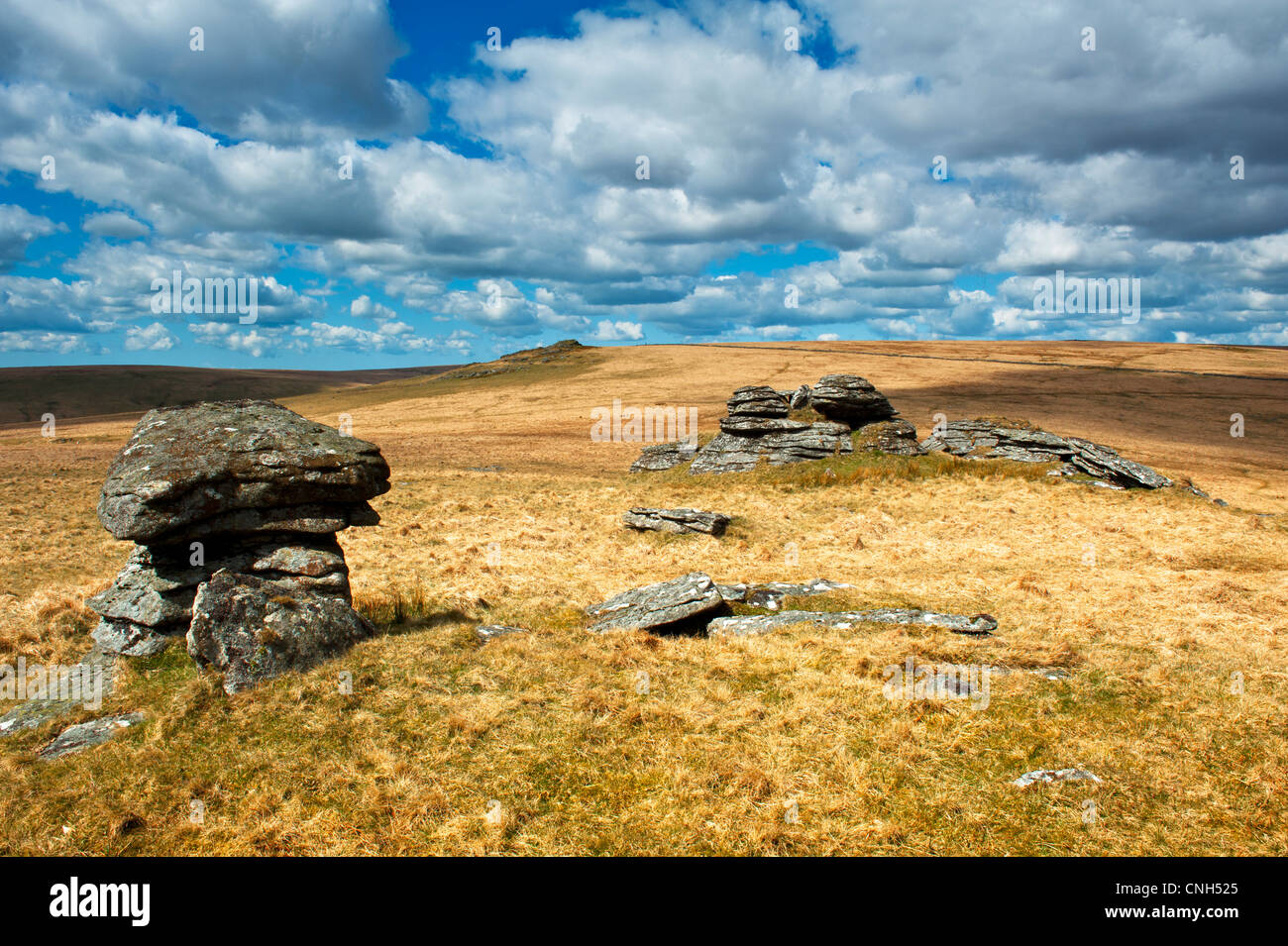 Blick über Dartmoor aus Beardown Tor in Richtung Norden Moor, Teufels Tor zeigt den Granit Felsen Stockfoto