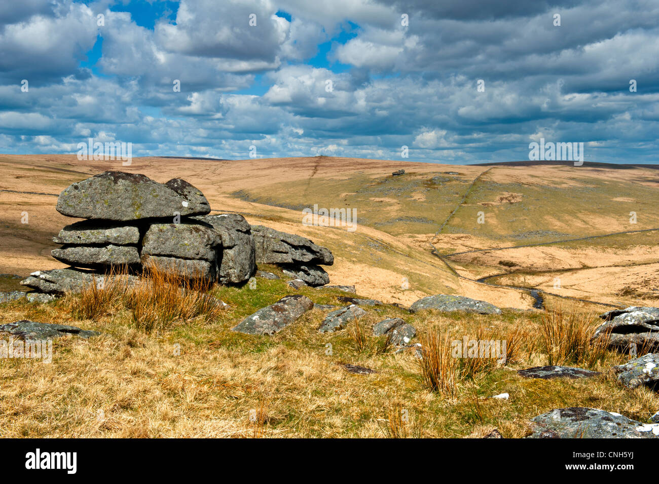 Blick über Dartmoor aus Beardown Tor in Richtung Norden Moor, Teufels Tor zeigt den Granit Felsen Stockfoto