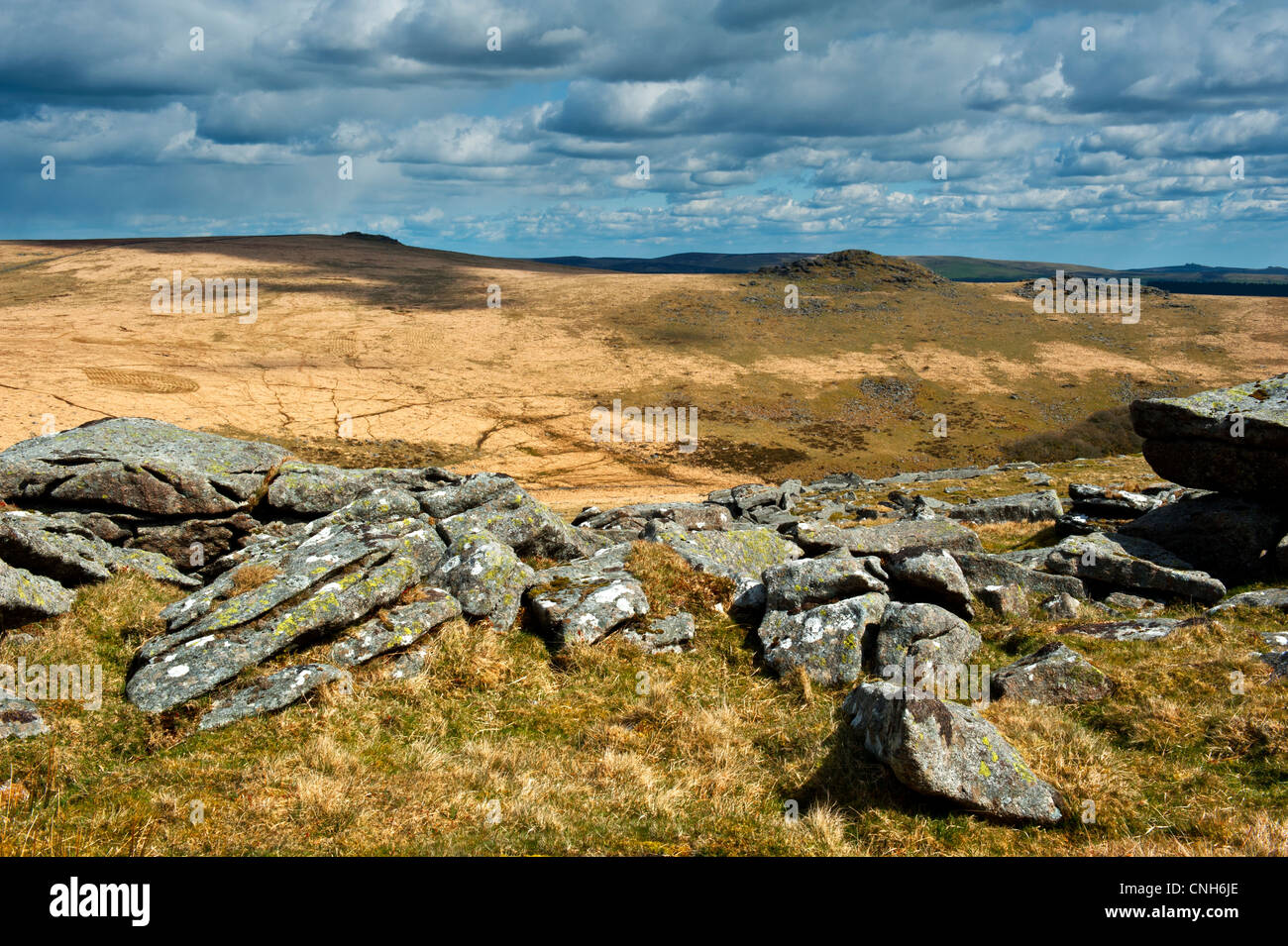 Blick über Dartmoor aus Beardown Tor in Richtung Norden Moor, Teufels Tor zeigt den Granit Felsen Stockfoto