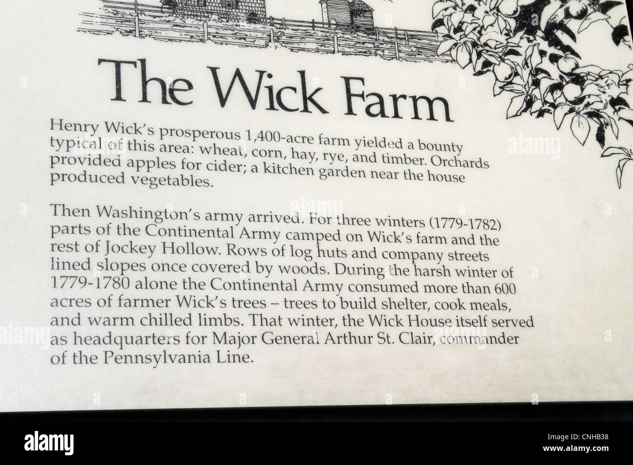 Plakat über die Henry Wick Farm. Bauernhof Henry Wick aus dem 18. Jahrhundert im Jockey Hollow Morristown Historic National Park, NJ, USA. Stockfoto