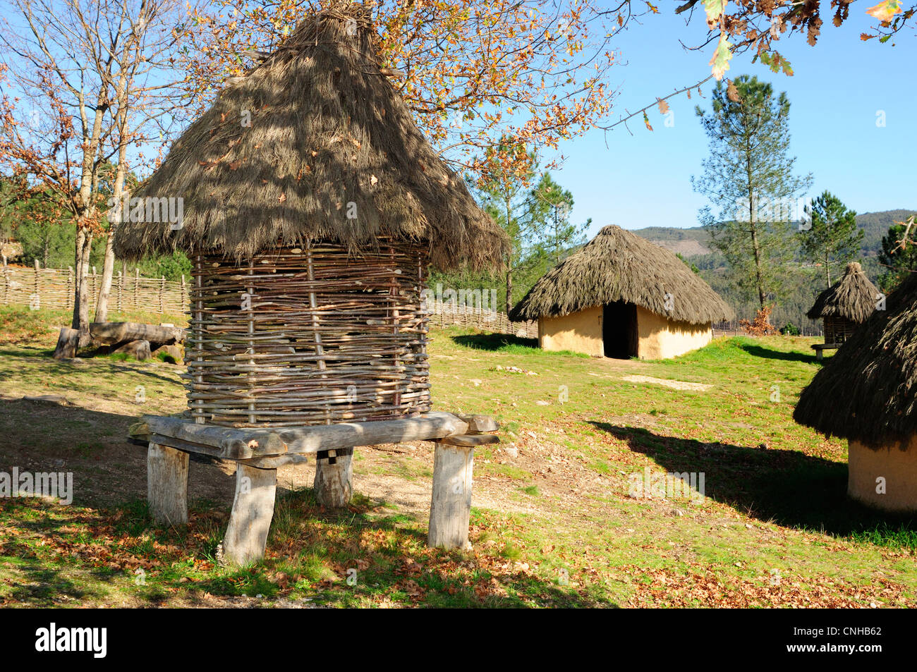 Erholung eines bronzezeitlichen Dorfes in einen archäologischen Park. Parque Arqueolóxico da Arte Rupestre. Campo Lameiro, Galizien. Stockfoto
