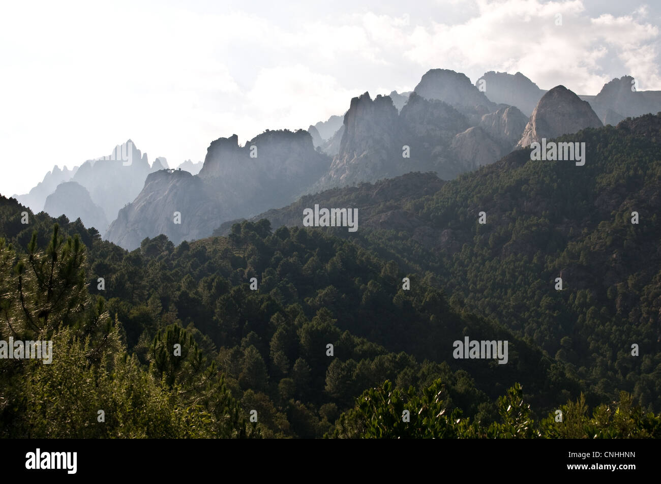 Die felsigen Gipfel der Aiguilles de Bavella in der südlichen Region des Alta Rocca von Korsika, Frankreich. Stockfoto