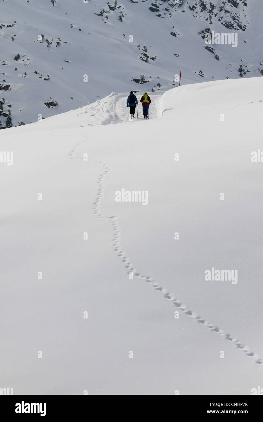 Zwei Leute in Ferne auf Schnee wandern Stockfoto