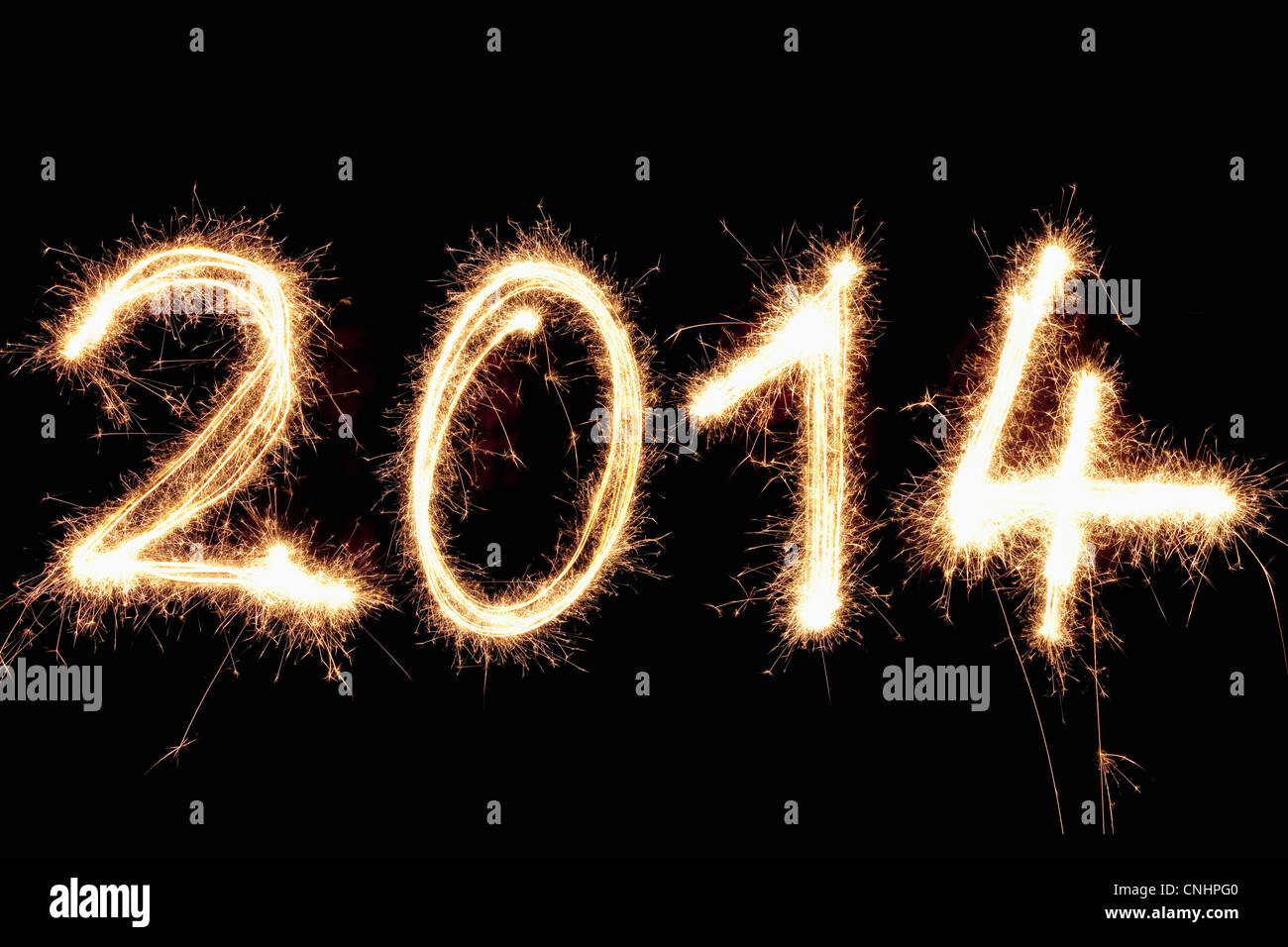 Lightpainting des Jahres 2014 geschrieben vor einem schwarzen Hintergrund Stockfoto