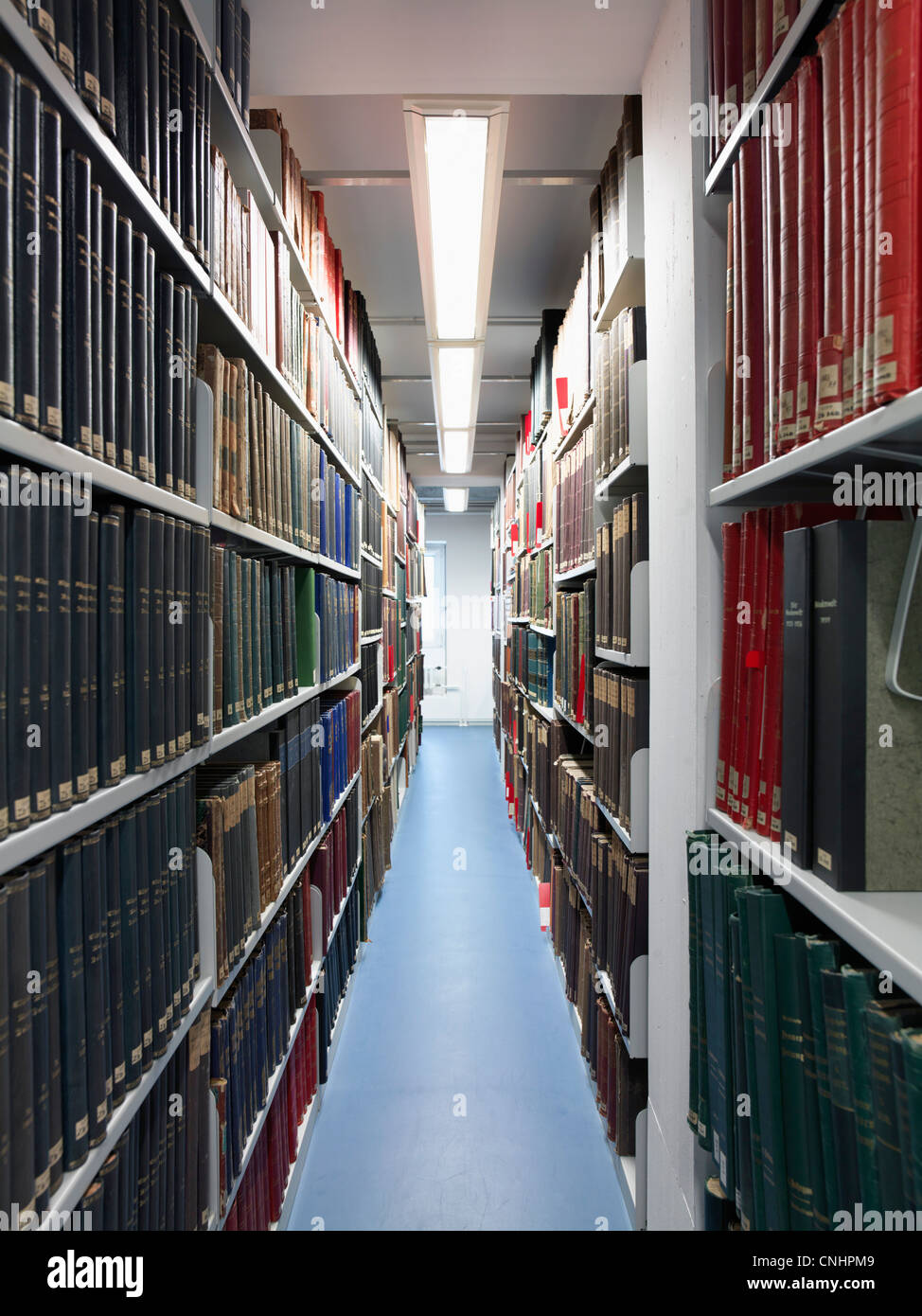 Durch einen Gang in einer Bibliothek anzeigen Stockfoto