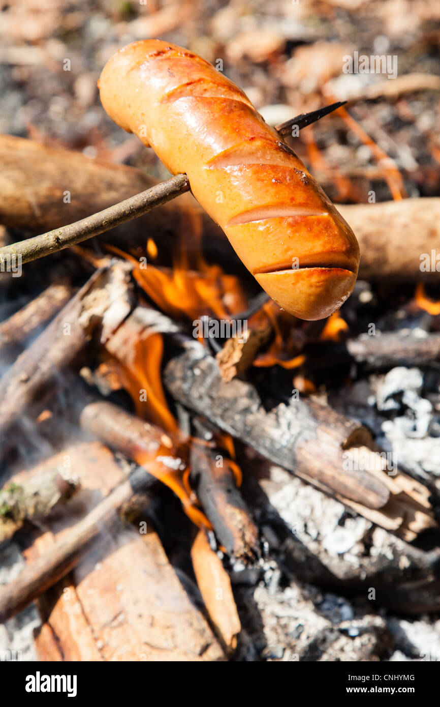 Grillen im Wald, typische Schweizer Wurst (Cervelas) Rösten über dem Feuer  am Ende einen hölzernen Stock Stockfotografie - Alamy