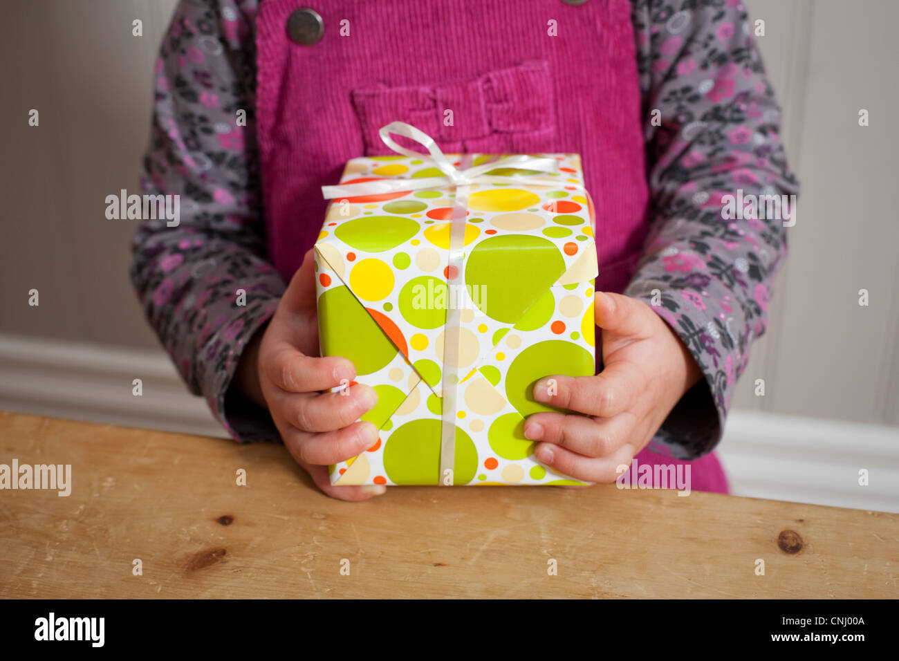 Kleines Mädchen hält ein Geschenk Stockfoto