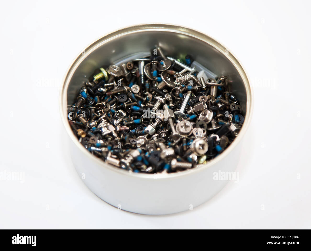 Glas mit anwendet und Schrauben auf dem weißen Hintergrund Stockfoto