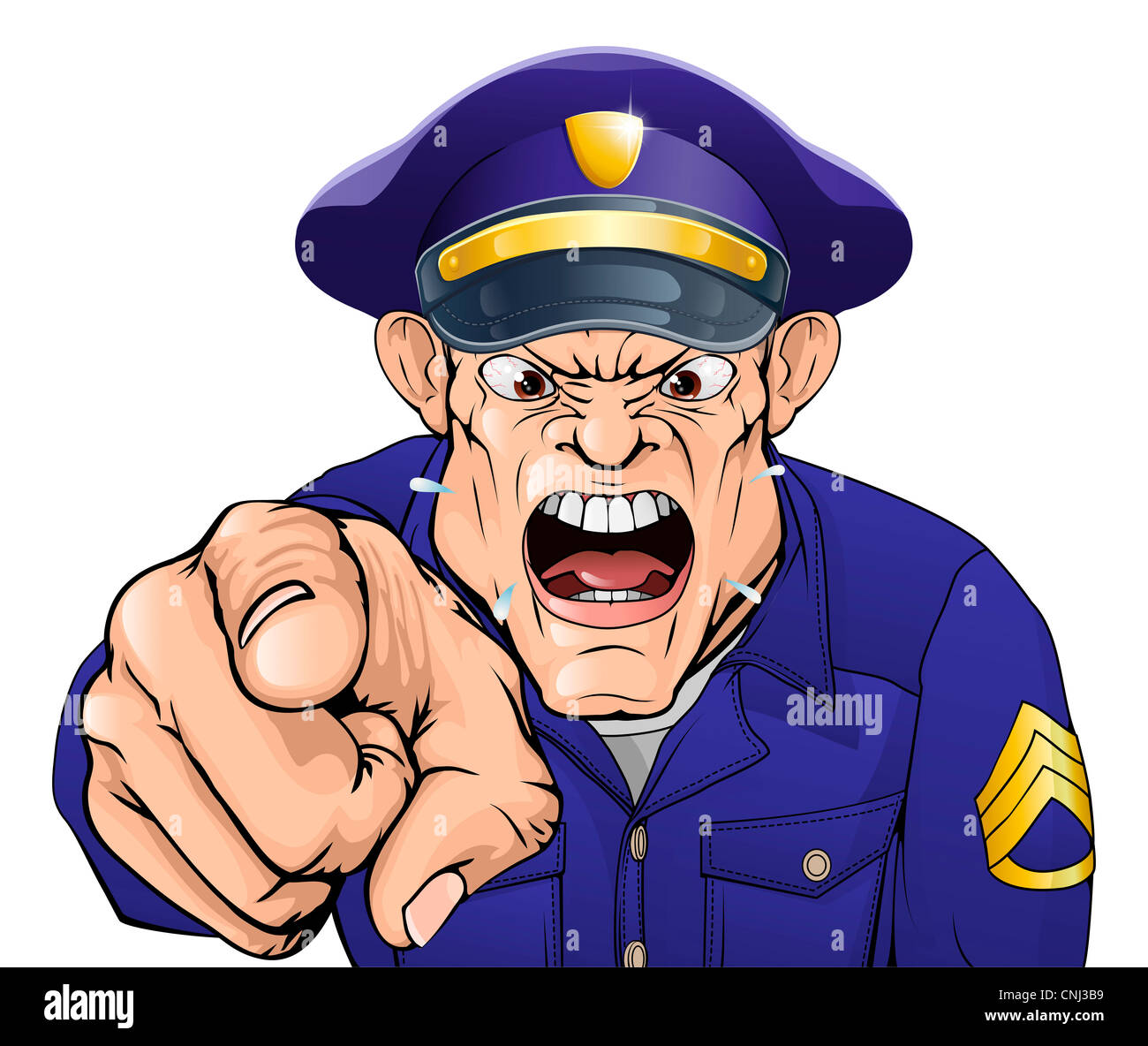 Beispiel für ein Cartoon wütend Polizist Cop oder Wachmann Geschrei auf den Betrachter Stockfoto