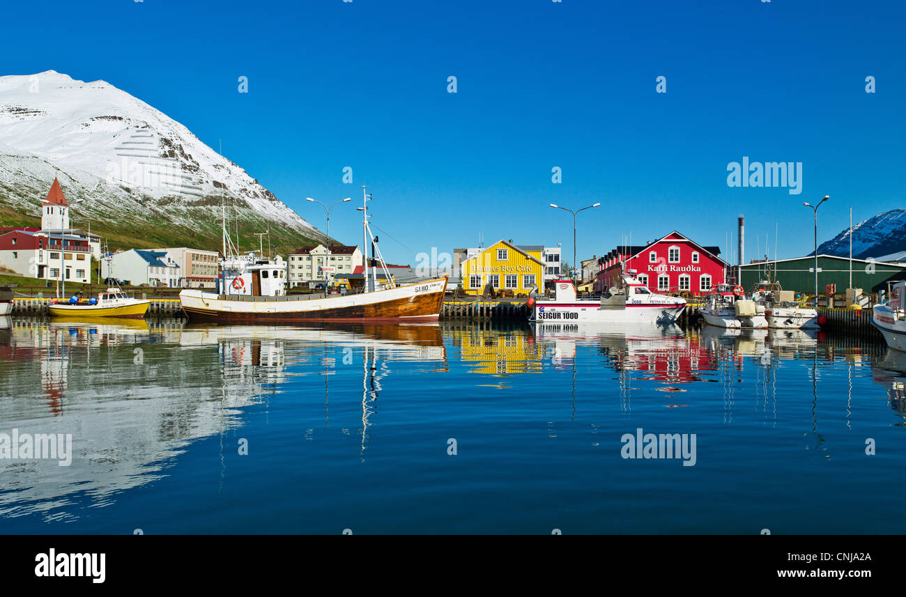 Angeln Dorf Sigulfjordur Hafen, Sigulfjordur Island Stockfoto