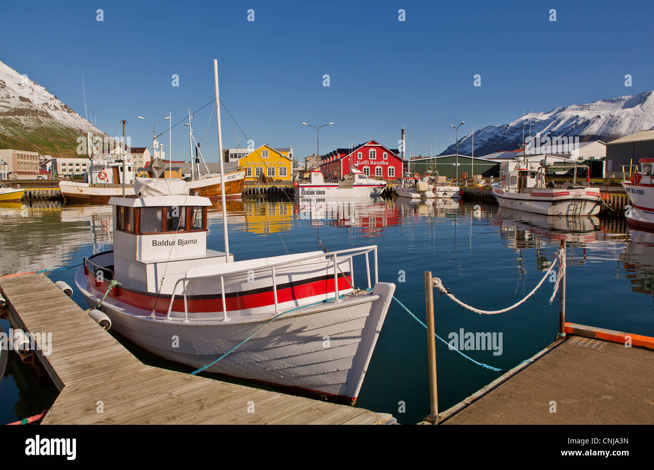 Angeln Dorf Sigulfjordur Hafen, Sigulfjordur Island Stockfoto