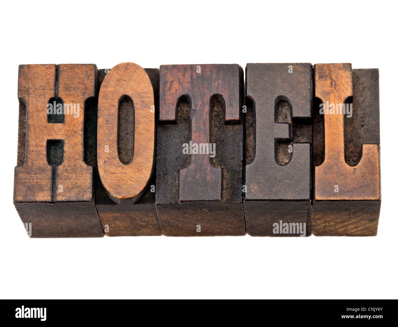 Hotel - isolierte Wörter in Vintage Buchdruck Holz Typ, Französisch Clarendon Schriftart beliebt in Westernfilmen und Erinnerungsstücke Stockfoto