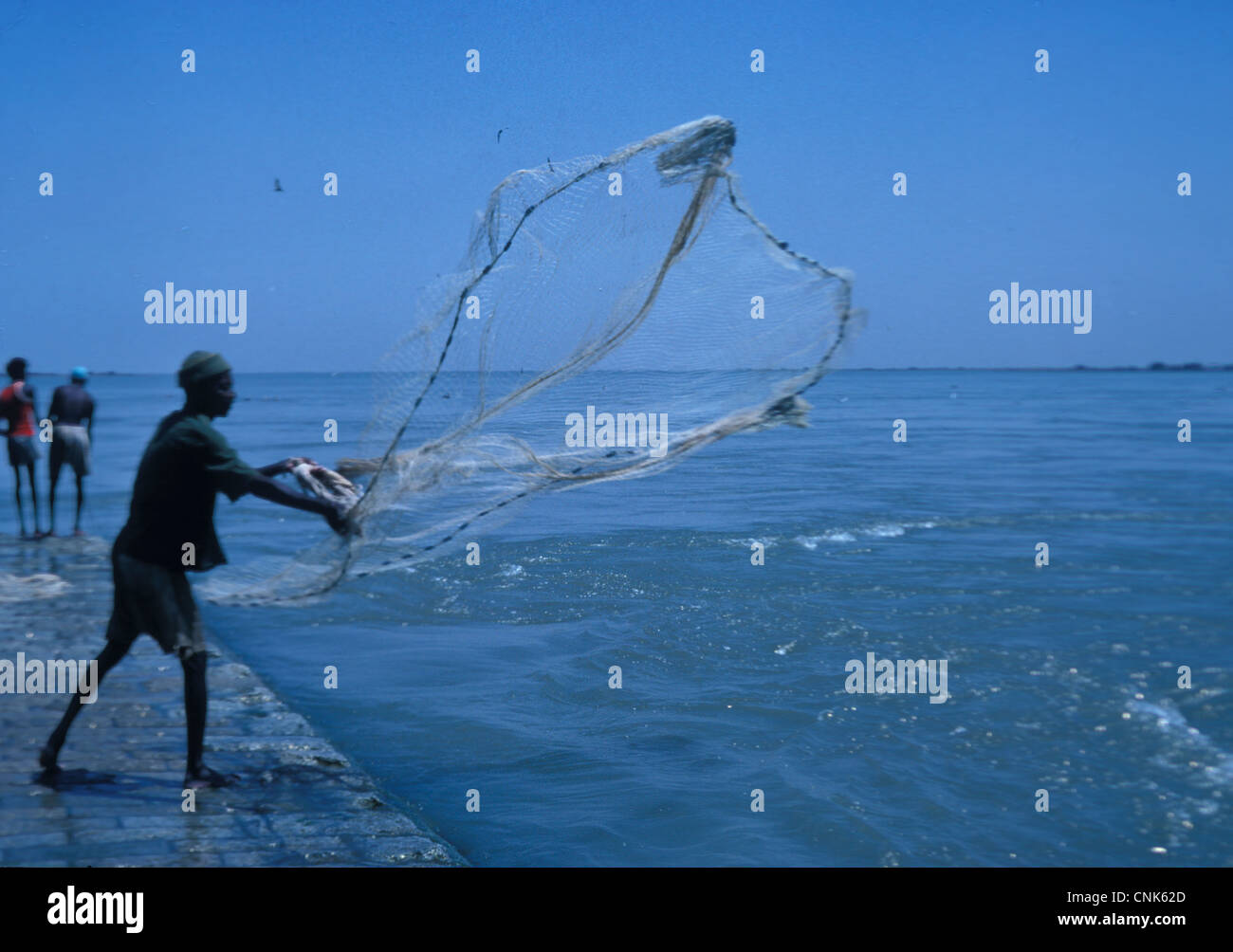 Fischer wirft ein Netz aus Jeb Aulia Damm auf dem Weißen Nil , Nordsudan Stockfoto