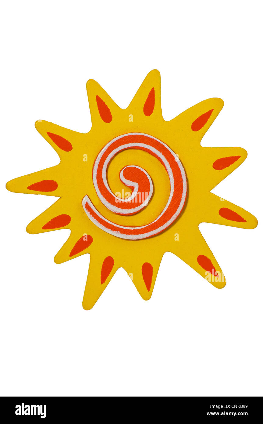 Nahaufnahme einer gelben Sonne und orange Spirale auf weißem Hintergrund Stockfoto