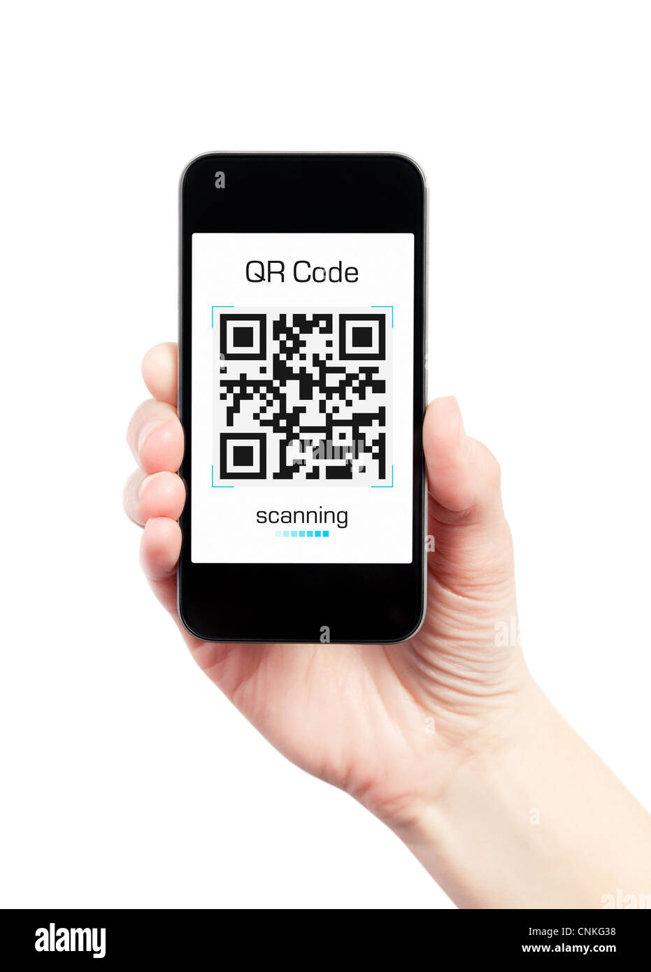 Hand, die mobile Smartphone mit QR-Code-Scanner auf dem Bildschirm. Isoliert auf weiss. Stockfoto