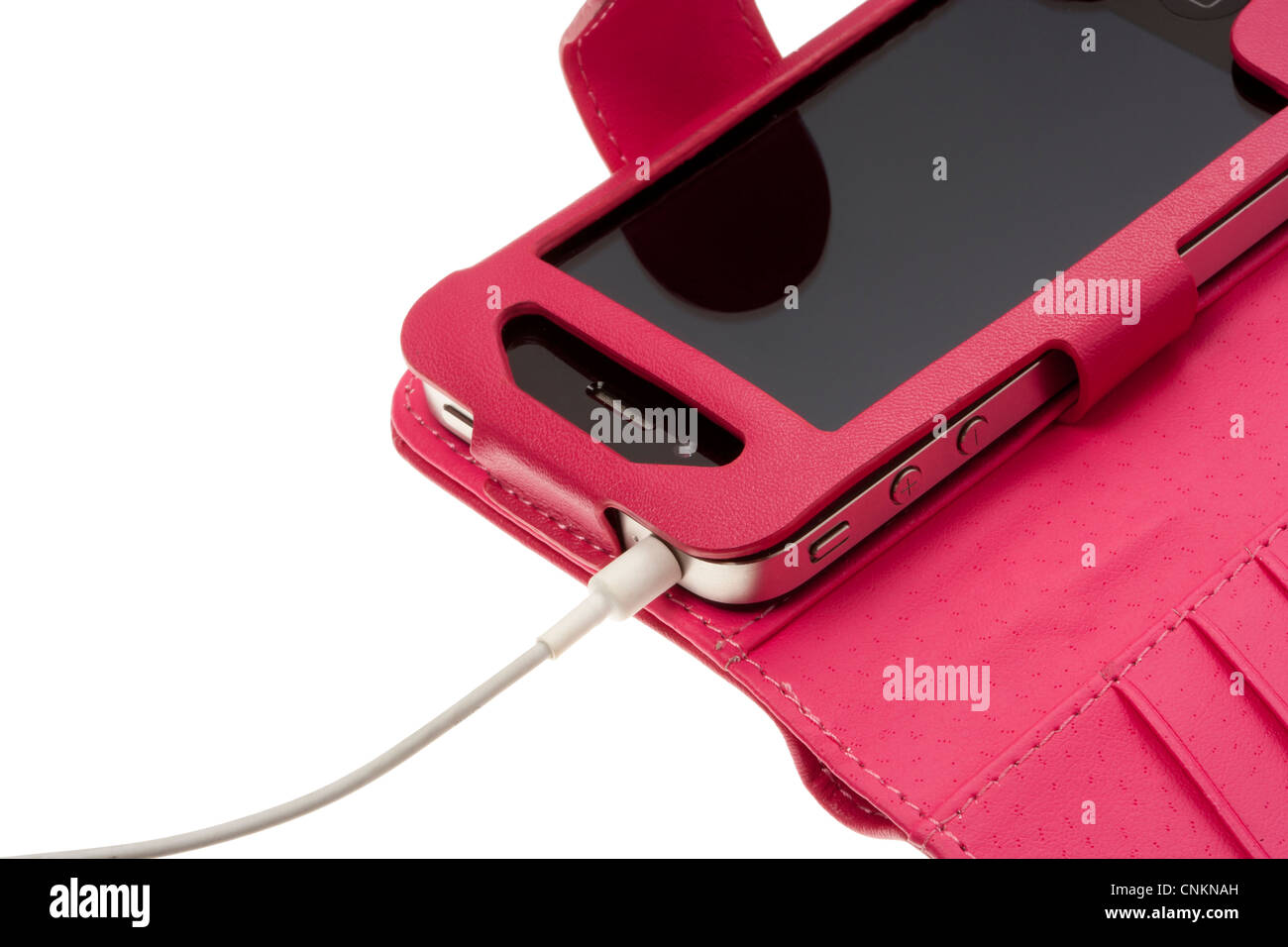 Mobile/Handy-rosa Ledertasche mit einem Apple iphone Stockfoto