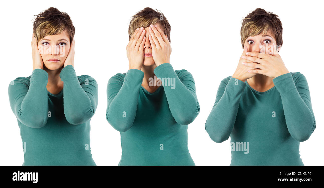 Junge Frau posiert wie die drei Affen - nicht hören, nicht sehen und nicht sprechen. Isolierte Studio erschossen vor einem weißen Hintergrund. Stockfoto