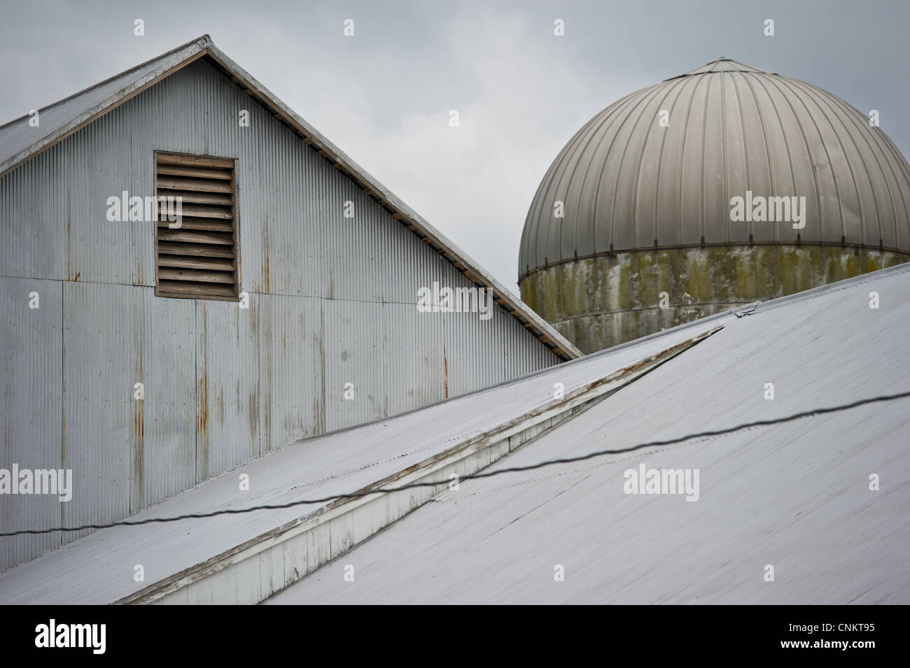 Gipfel der Dächer von einer Scheune und dem oberen Rand ein Silo. Stockfoto