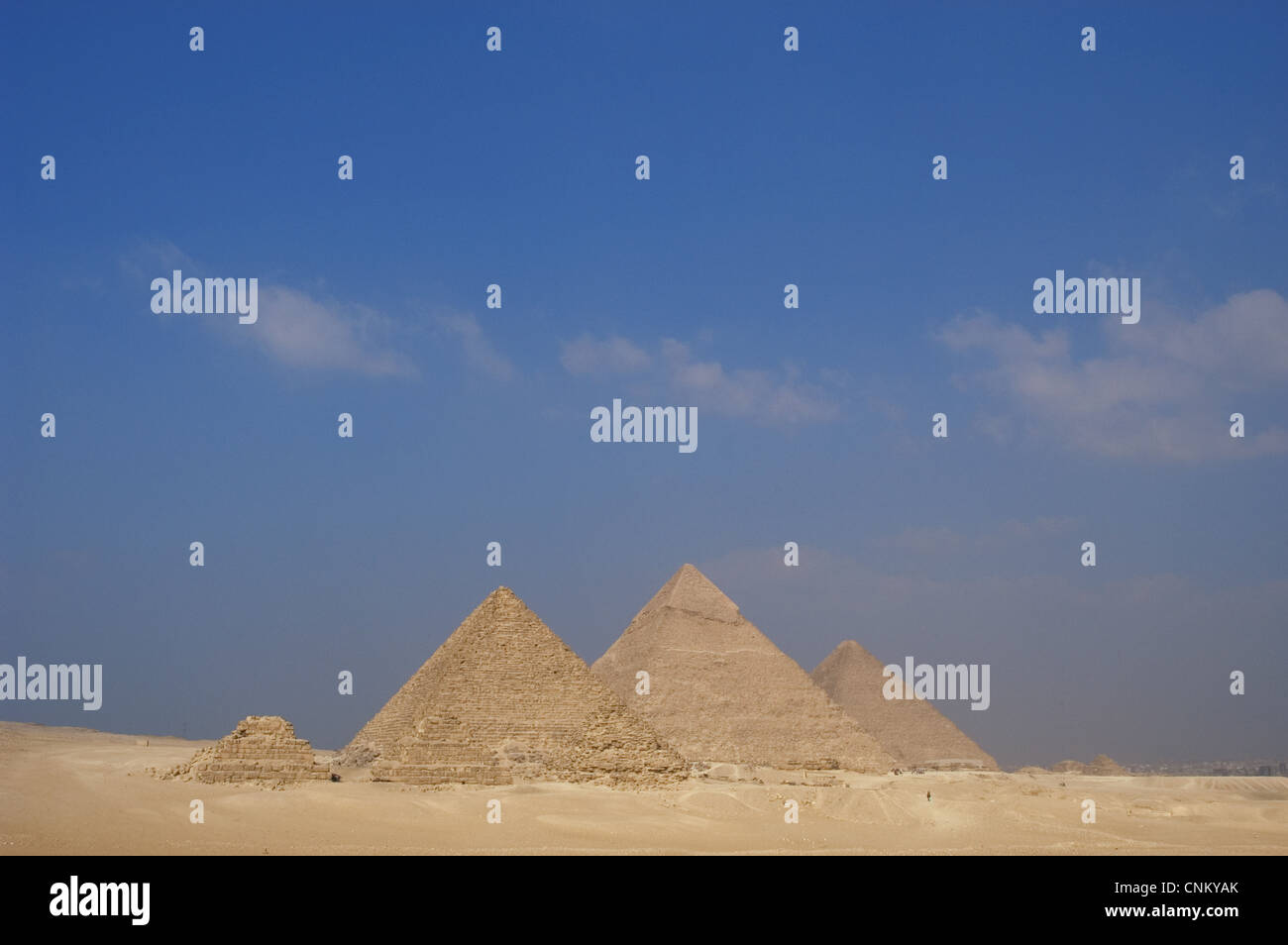 Ägypten. Die Pyramiden von Gizeh. Pyramide von Cheops oder Cheops Pyramide von Khafre oder Chephren und Mykerinos oder Mykerinos-Pyramide. Stockfoto