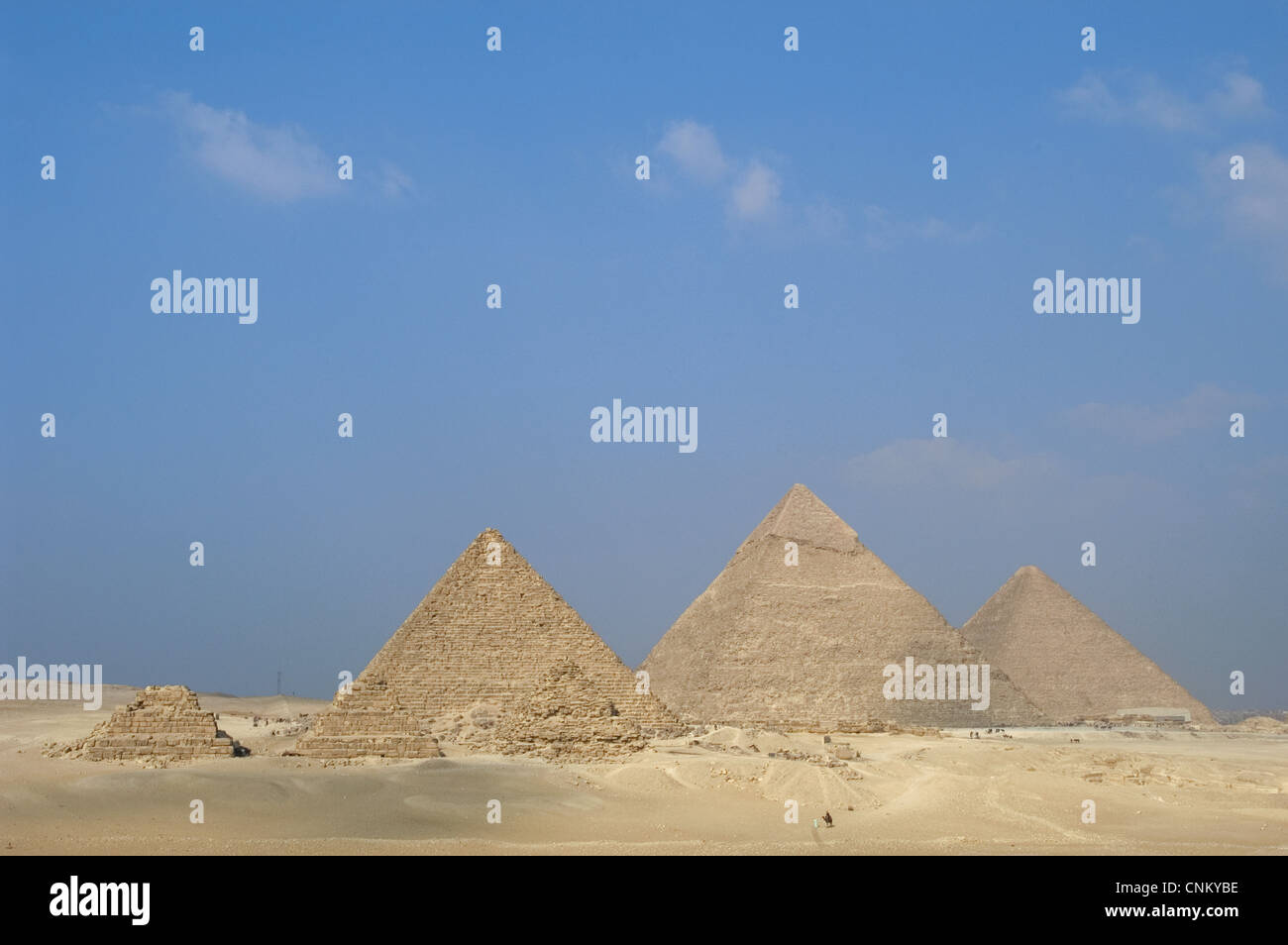 Ägypten. Die Pyramiden von Gizeh. Pyramide von Cheops oder Cheops Pyramide von Khafre oder Chephren und Mykerinos oder Mykerinos-Pyramide. Stockfoto