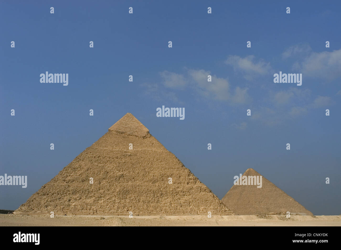Ägypten. Pyramiden von Gizeh. Die Pyramiden von Khafre (Chephren) und Cheops (Cheops). Vierte-Dynastie. 26. Jahrhundert v. Chr. altes Königreich. Stockfoto